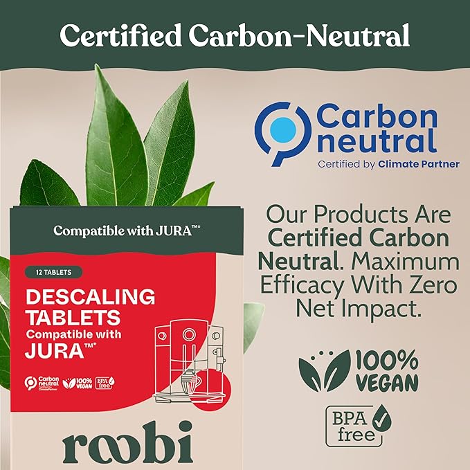 Roobi Jura Compatible Descaling Tablets. 12 Jura Descaling Tablets for Automatic Espresso Coffee Machines. 100% Vegan Carbon Neutral.
