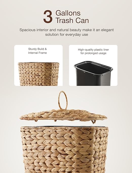 3 GALLONS Wicker Waste Basket - Wicker Trash Can with Lid - Water Hyacinth Bathroom Garbage Can with a Lid - Bathroom Trash Can Boho Style - Removable Liner Iron Frame (Natural 3 Gallons)
