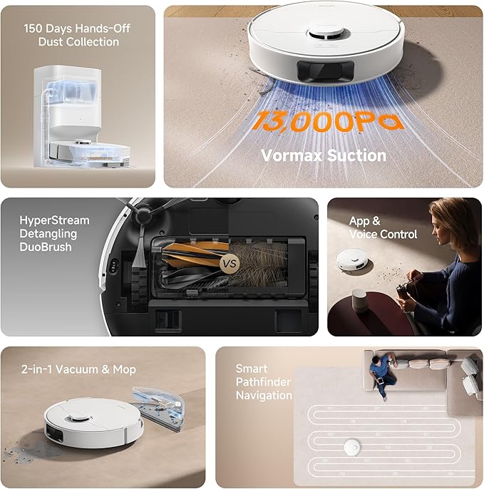 DREAME D20 Plus Robot Vacuum and Mop 13000Pa Suction Self-Emptying with 5L Dust Bag DuoBrush for Pet Hair LDS Mapping App &amp Voice Control 5200mAh Battery Ideal for Hard Floors &amp Carpet