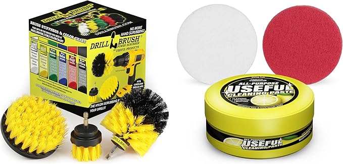 Drillbrush Home Cleaning Essentials Set - Tub and Shower Door Cleaner - Countertop - Shower Grout Cleaner - House Cleaning Products - Cleaner Paste - Tile and Grout - Bathtub Brush