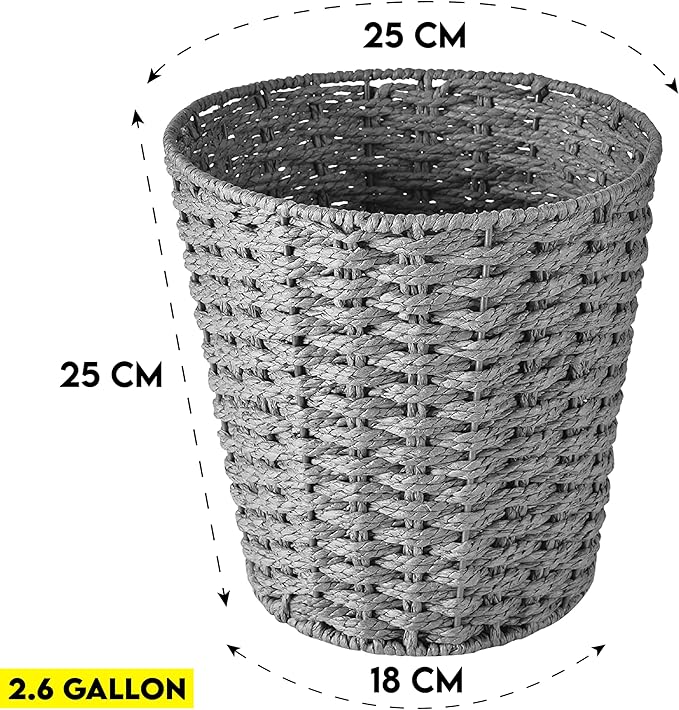 Zuvo Round Wicker Waste Basket Paper Bin - Wicker Trash Basket - Woven Trash Can Rubbish Basket for Bedroom Bathroom Offices or Home (Grey)