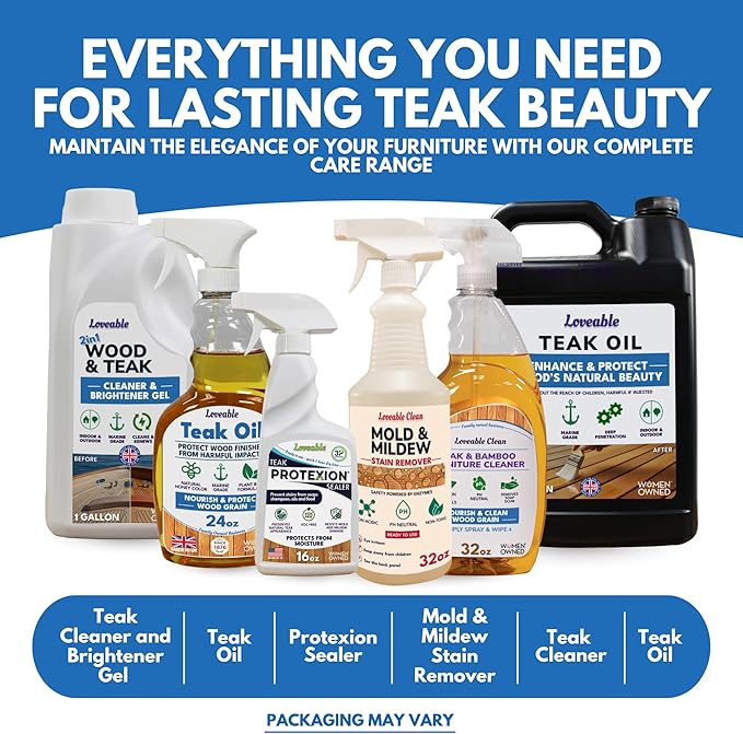 Loveable EcoDecors Complete Teak Care Bundle - 24oz Teak Oil 32oz Cleaner 16oz Protexion and 32oz Stain Remover