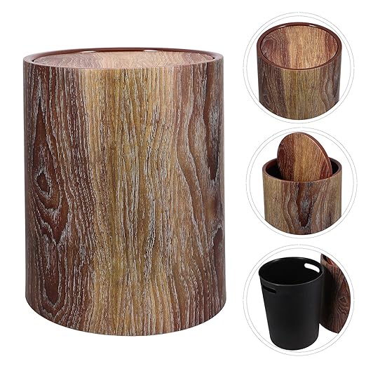 TIDTALEO Imitation Wood Grain Trash Can with Swing Lid 12L Double-Layer Round Wastebasket for Home Office Bathroom Kitchen Convenient Garbage Bucket