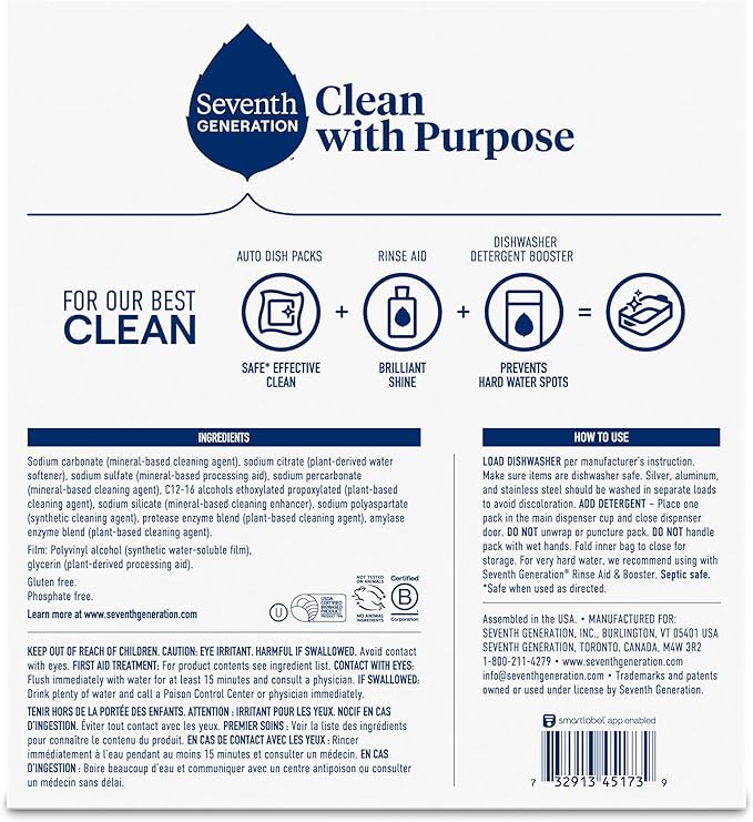 Seventh Generation Dishwasher Detergent Packs for sparkling dishes Free &amp Clear Dishwasher Tabs (72 Count)