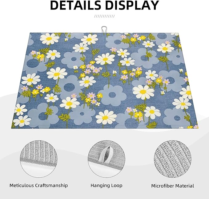 Daisy Flowers Dish Drying Mat for Kitchen Counter 18x24 Microfiber Absorbent Fast Dry Mat 2Pcs Dish Mat Faucet Mats Sets Large Drying Kitchen Mat Kitchen Drying Pad Coffee Bar Decor Gifts
