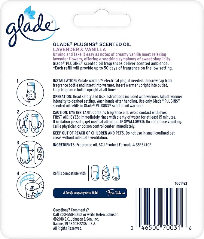 Glade PlugIns Refills Air Freshener Scented and Essential Oils for Home and Bathroom Lavender &amp Vanilla 1.34 Oz 2 Count (Pack of 3)