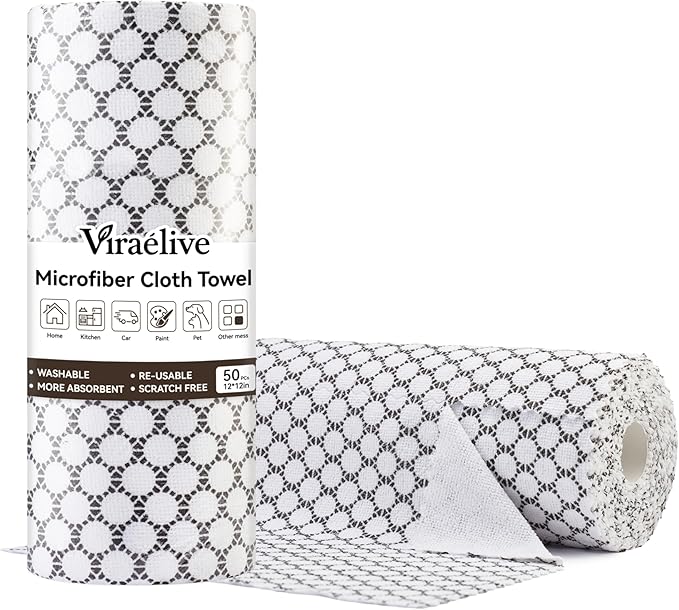 Microfiber Cleaning Cloth Roll 50-Count Reusable Durable No Streaks Absorbent Lint-Free Non-Scratch Easy Tear-Away Towels Dish Rags for Kitchen Home Car &amp Glasses White Waffle 12x12 in