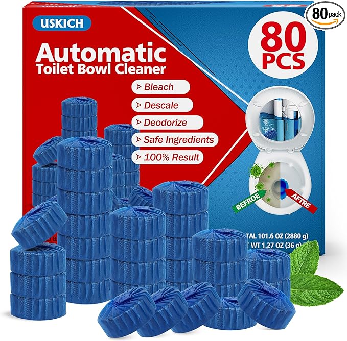 USKICH 80 Pack Toilet Bowl Cleaner TabletsBlue Automatic Toilet Tank Cleaners Long-Lasting Household Toilet CleanersToilet flush Cleaning &amp Deodorizer