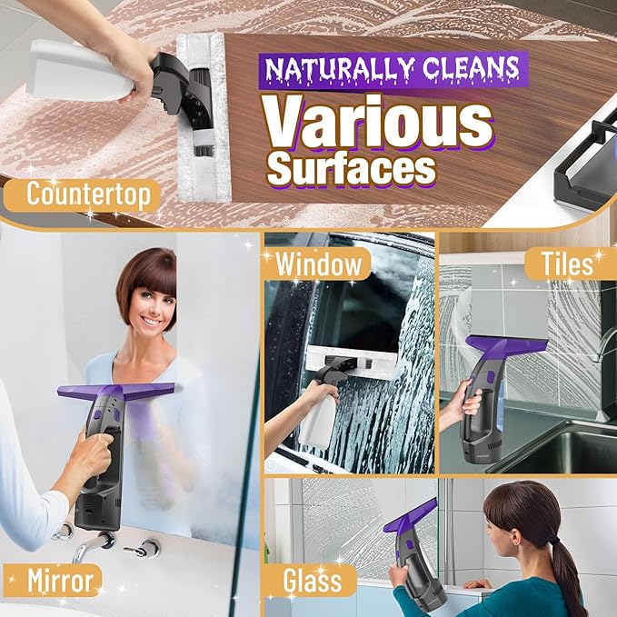 2000Pa and 2500mAh Electric Window Cleaner Tool with Gloves and 2 Cleaning Cloth Window Vacuum Squeegee Cordless with 360ml Spray Bottle &amp 100ml Water Tank for Window Mirror Countertop Tile