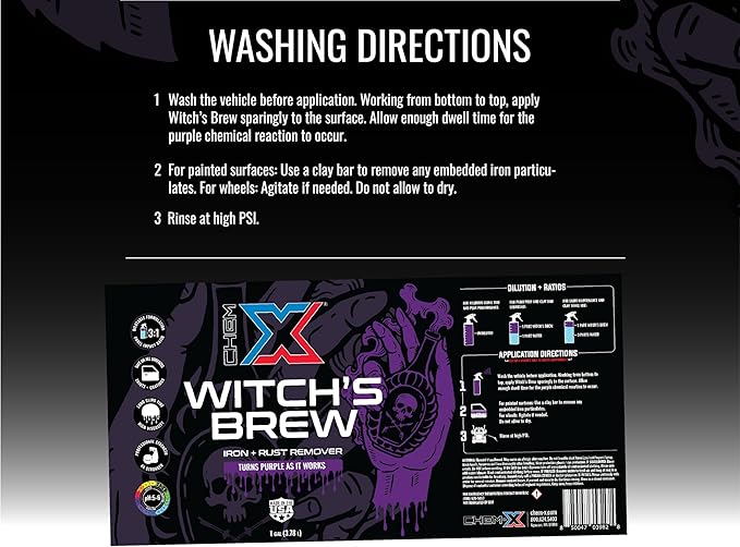 Chem-X Witch’s Brew Iron and Rust Remover 4X Strength Removes Brake Dust Rail Dust Iron Particles and Rust Stains Color Changing Formula Safe on Paint Wheels Trim and Glass - 4g