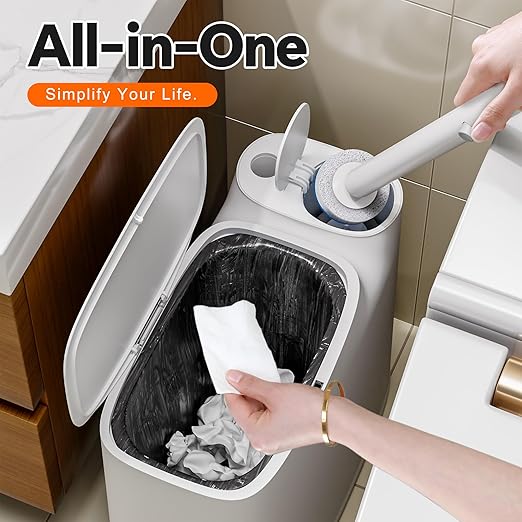 White Plastic Mini Trash Can Toilet Cleaner Stick Toilet Brush Holder 36 Refills 2-Gallon Trash Can with Pop-Out Lid Suitable for Bathrooms and Small Toilets.