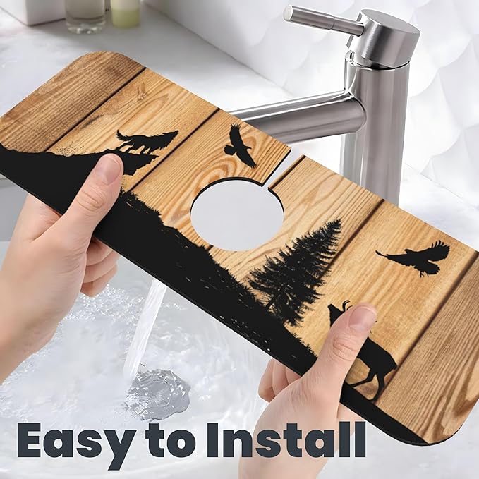 Retro Rustic Wolf Deer Forest Brown Wood Dish Drying Mat for Kitchen Counter 16x18 Microfiber Absorbent Fast Dry Mat 2Pcs Dish Mat Faucet Mats Sets Large Drying Kitchen Mat Kitchen Drying Pad