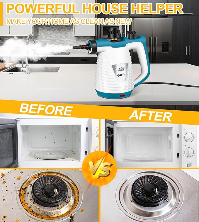 LanAqua Handheld Steam Cleaner with 9 Accessories Pressurized Handheld Multi-Surface Natural Steam Cleaner for Home Multi-Purpose Portable Steamer for Cleaning Floor Upholstery Grout and Car