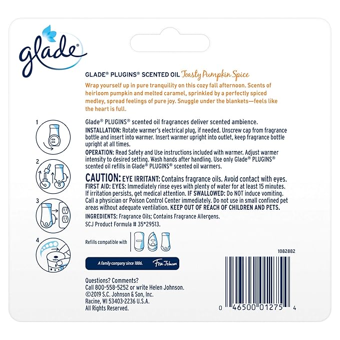 Glade PlugIns Refills Air Freshener Scented and Essential Oils for Home and Bathroom Toasty Pumpkin Spice 2.01 Fl Oz 3 Count