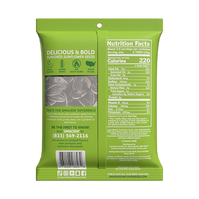 SMACKIN' - Jumbo Roasted Sunflower Seeds No Salty Burn American Made Easy Pour &amp Seal - Dill Pickle 4oz bag (12 Bags)