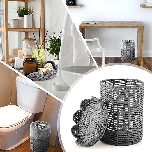 Ctosree 1.3 Gallons Small Wicker Trash Can with Lid Handle Woven Wicker Rattan Bathroom Waste Basket Boho Trash Basket with 100 Plastic Garbage Bags for Bedroom Office Laundry (Scalloped Style Gray)