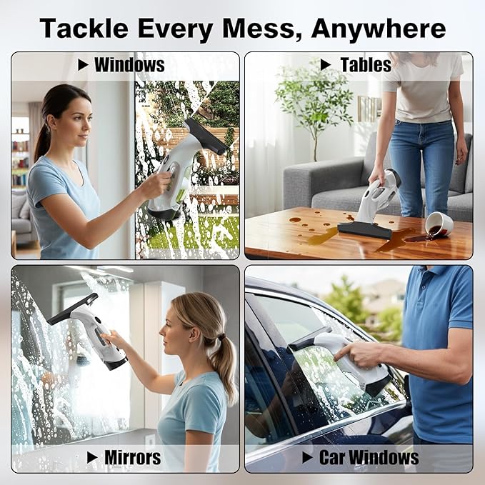 Window Vacuum Squeegee Cordless Electric Window Cleaner Tool with &amp Water Collection Tank Cleaning Kit Shower Squeegee for Glass Doors Windows Mirrors Car