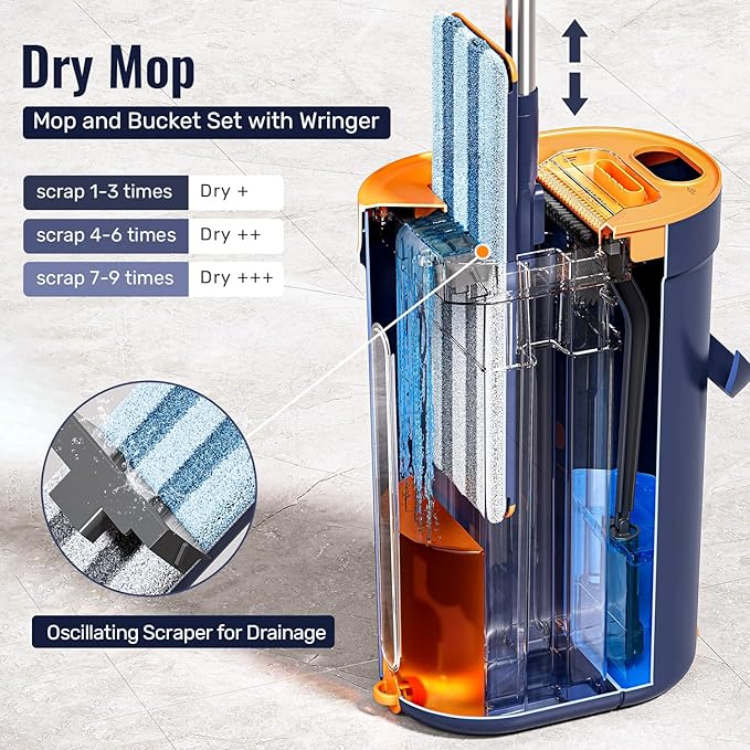 Mop and Bucket Set with Wringer 3-Tank Flat Mop and Bucket System Wall Mop Cleaner with Long Handle Hands Free Mops for Floor Cleaning with 4 Microfiber Pads