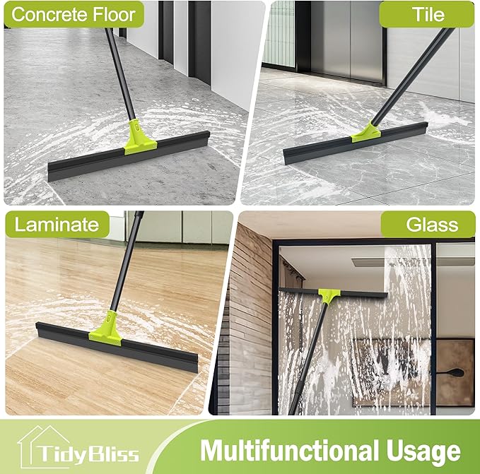 Floor Squeegee Heavy Duty 24” Rubber Foam Water Scraper Broom Epoxy Wiper Mop with 62 inches Long Handle for Cleaning Concrete Pool Rug Garage Deck Shower Window Outdoor Indoor (Green)