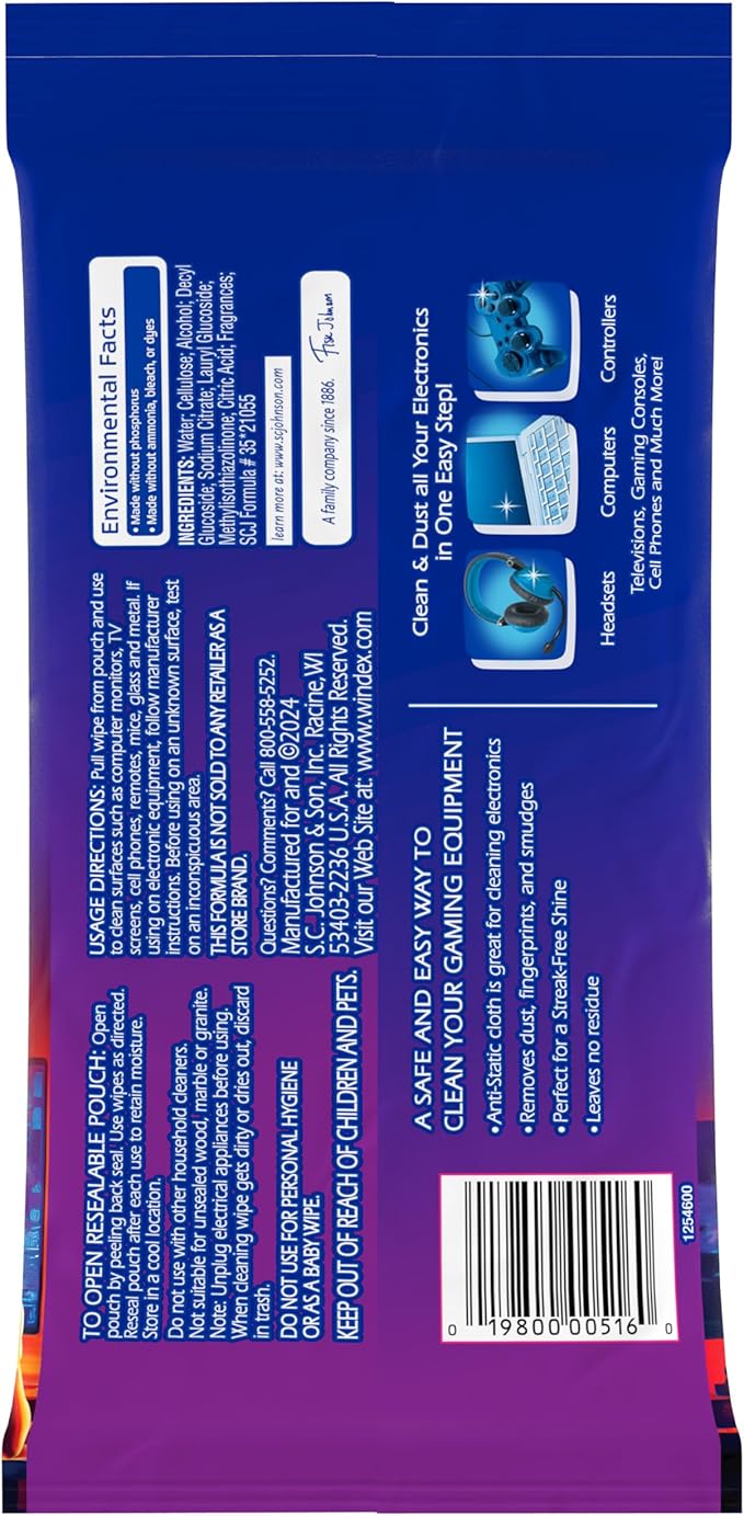 Windex Gaming Cleaning Wipes Ammonia-Free Anti-Static Electronics Cleaner for Consoles Controllers Screen TV Computer Monitor &amp Keyboard Streak-Free Pre-Moistened 25 Count (Pack of 12)
