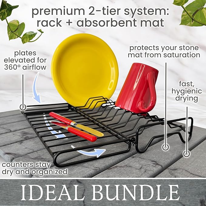 Stone Drying Mat + Foldable Black Metal Dish Rack – Complete 2-Tier Kitchen Drying System – Ultra Absorbent Dark Gray Mat for Plates Glasses &amp Cutlery – Modern &amp Hygienic Counter Organizer -