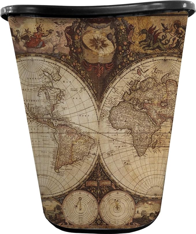 Vintage World Map Waste Basket - Double Sided (Black)