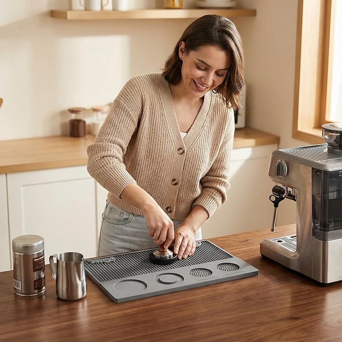 Espresso Tamping Mat Silicone Coffee Bar Mats for CountertopEspresso Tamping Station Non-slip Dish Drying MatEspresso Machine AccessoriesEspresso Organizer (Grey15.7x9.8x0.4)