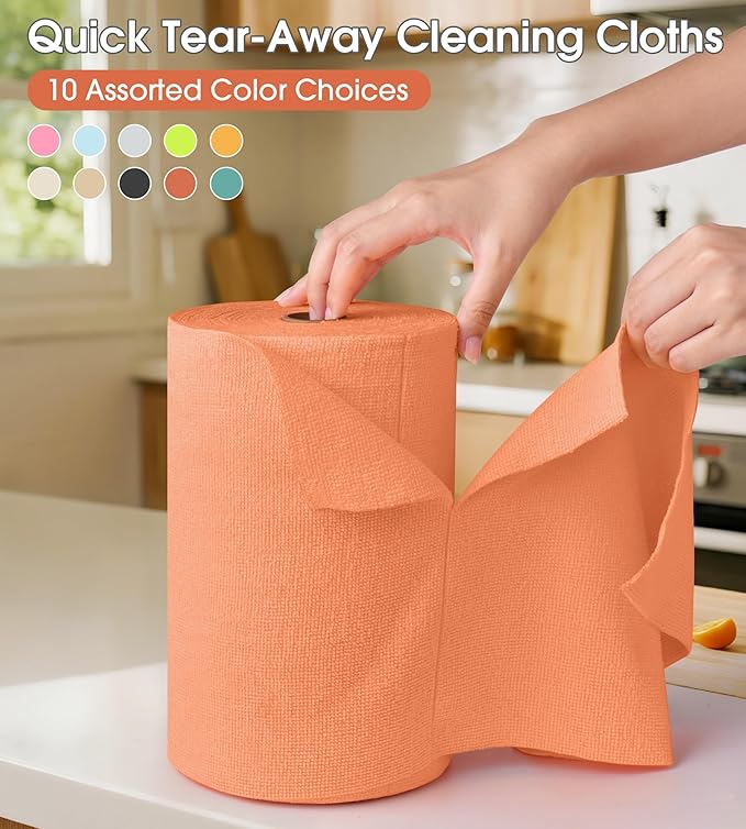 KitchLife Microfiber Cleaning Cloth Roll 100 Pack - Tear-Away Microfiber Paper Towels Lint-Free Reusable Washable for Kitchen Car Dishes and Sensitive Surfaces (Coral)