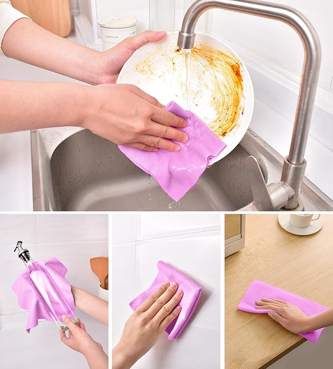 KitchLife Microfiber Cleaning Cloth Roll 100 Pack - Tear-Away Microfiber Paper Towels Lint-Free Reusable Washable for Kitchen Car Dishes and Sensitive Surfaces (Light Purple)