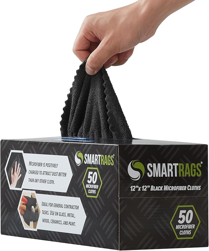 Arkwright Smart Rags Microfiber Cleaning Cloths Pack of 50 in a Box Lint Free 180 GSM Reusable Towels for Auto Office and Household Cleaning 12 x 12 in Black