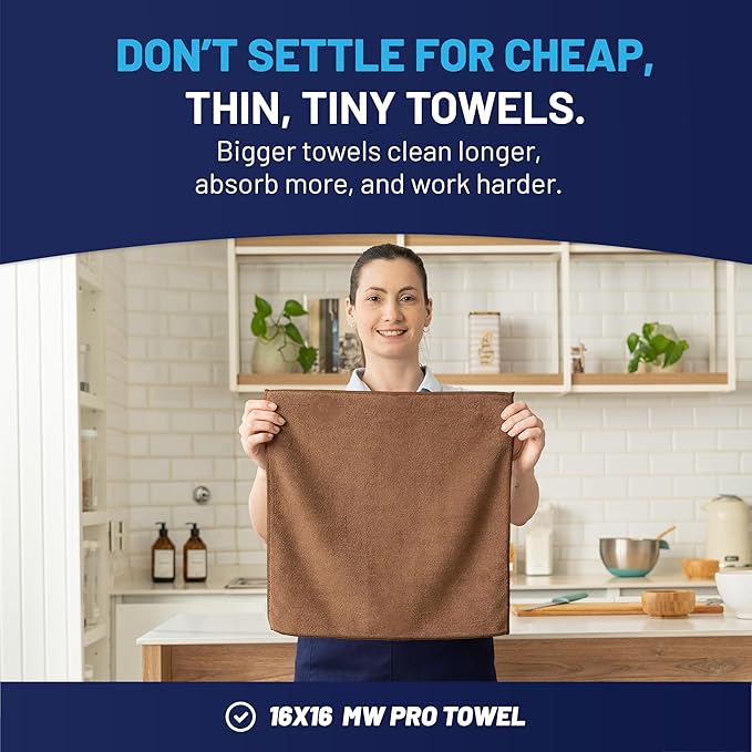 MW Pro Multi-Surface Microfiber Towel – Sand Olive Tan 12 Pack |16x16 Premium Cleaning Cloth | Clean Dust Polish Absorb | Large