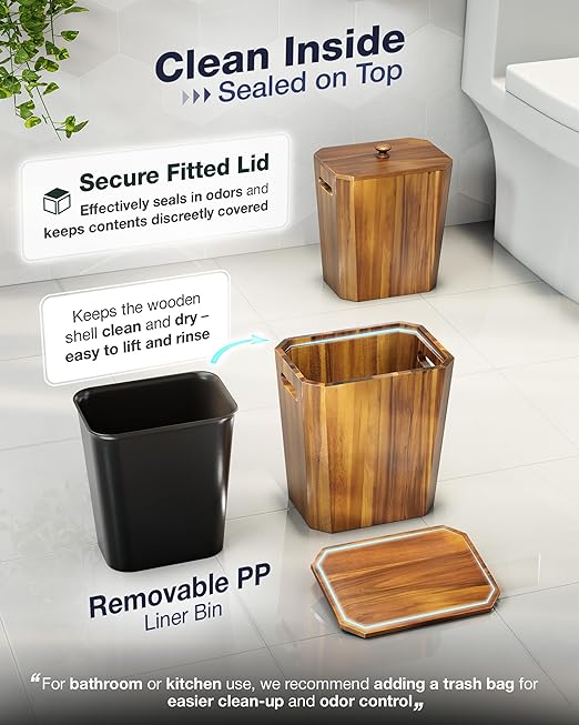 BLUEWEST 2.6 Gallons Acacia Wooden Wastebasket with Lid &amp Plastic Bin – Small Trash Can for Bathroom Bedroom Office – Decorative Wood Bin with Handle for Under Counter Use