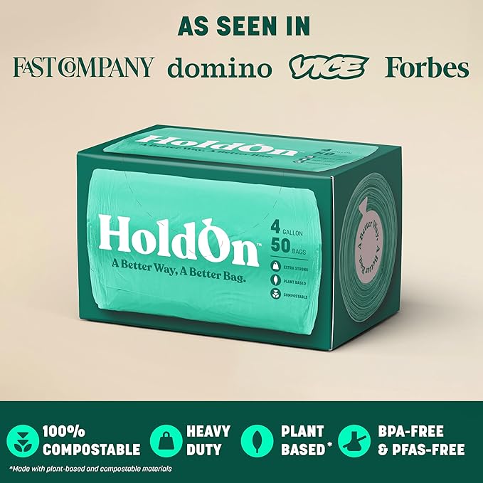 HoldOn Small Trash Bags 4 Gallon - 100 Plant-Based Garbage Bags for Small Trash Bins - Trash Bags for Kitchen Bin (2-pack 100 bags) 1.0 Count (HO#4G_2PK)