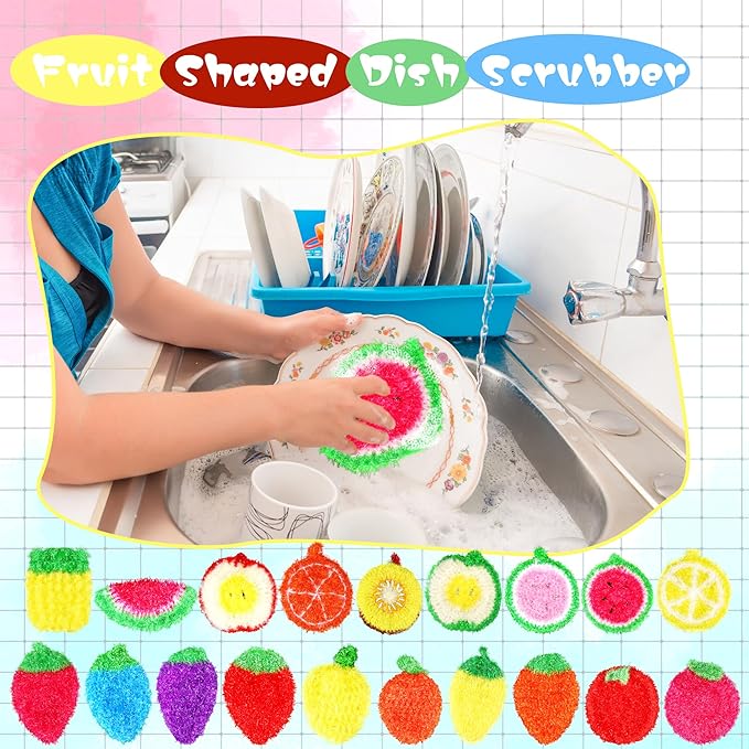 20 Pieces Fruit Dish Scrubber Colorful Reusable Kitchen Fruit Shaped Dish Scrubbers for Family Washing Pots and Dishes Bathtub Sink
