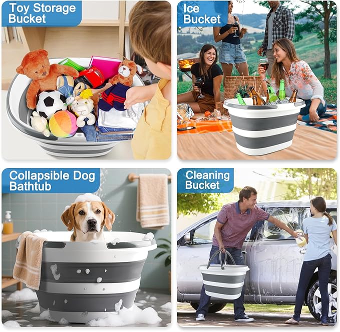 28L Large Collapsible Mop Bucket with Handle for Cleaning Silicone Portable Pet Bathtub for Puppy Small Dogs Cats Foldable Laundry Basket Hamper Clothes Storage Bin Space Saving Design for RV