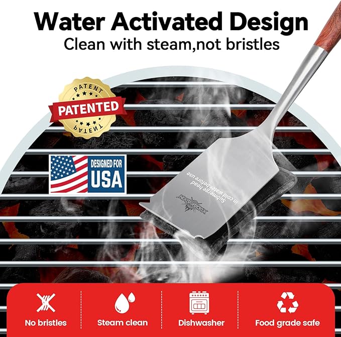 Bristle-Free Steam Cleaning Grill Brushwith Extended Luxurious Rosewood Handle and 1 Replacement HeadBBQ Grill Cleaning Brush KitSafe Grill Cleaner for Outdoor GrillGifts for Men/Dad