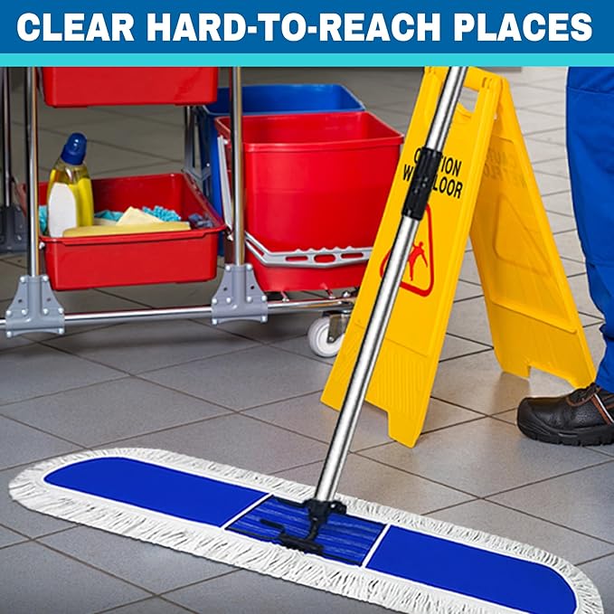 48 inch Commercial Dust Mop for Hardwood Floors Large Size Dry Mop Reusable Cotton Yarn Head Telescopic Stainless Steel Handle Industrial dust mops for Floor Cleaning Marble Blue