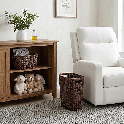 5 Gallon Wicker Trash Can BrownBathroom Trash Can with HandlesHandwoven Waste Basket Waterproof Narrow Small Garbage Can for BedroomBathroomOffice