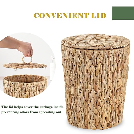 4 Gallons Wicker Trash Can with Lid - Bathroom Garbage Can - Boho Hand Woven Natural Water Hyacinth Wicker Waste Basket for Bedroom Living Room Home Office