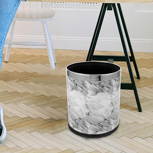 Marble Pattern Trash Can 10L Metallic Rim Garbage Container Bathroom Wastebasket for Home Office Bedroom Kitchen
