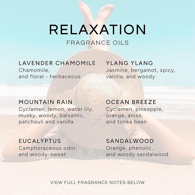 Eternal Essence Oils Relaxation Set of 6 Premium Fragrance Oils - Includes Lavender Chamomile Ylang Ylang Mountain Rain Ocean Breeze Eucalyptus and Sandalwood Scented Oils - 10ML