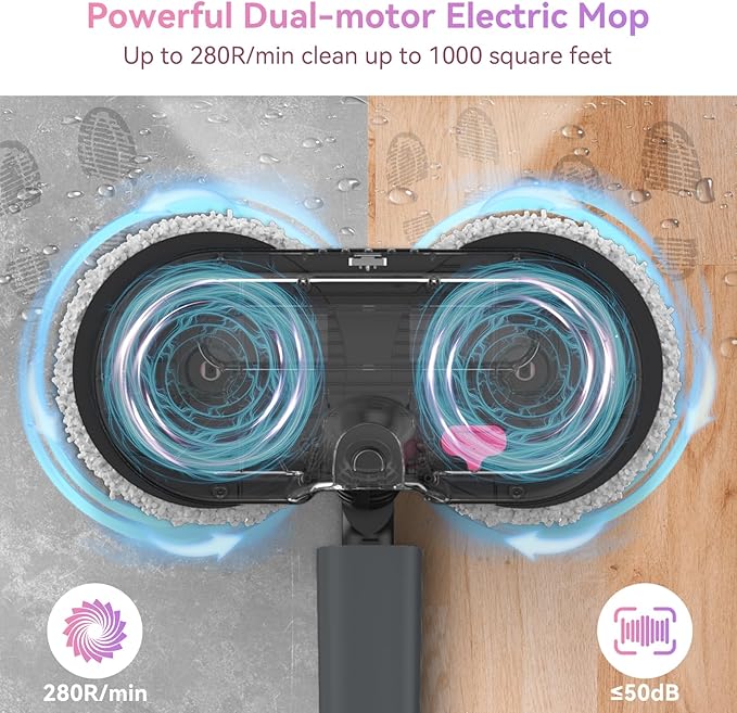 VMAI Cordless Electric Mop for Floor CleaningWater Sprayer Spin Mop with 300ML Water TankLED Lighting and Removable BatteryUp to 60mins Working Time for Hardwood Tile Laminate Marble Floor(Rose)