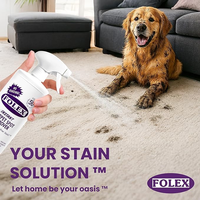 FOLEX Instant Carpet Spot Remover 32 oz – Powerful Stain Remover for Carpets Upholstery &amp Rugs – Eliminates Pet Stains Grease Red Wine Food Makeup &amp More – With Reusable Cleaning Cloth –