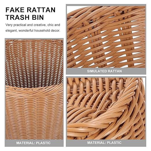 SAFIGLE Simulated Rattan Woven Wastebasket Rust-Resistant Iron Trash Can for Office Home Bedroom Handwoven Basket Without Lid Compact Stylish Decor in Beige