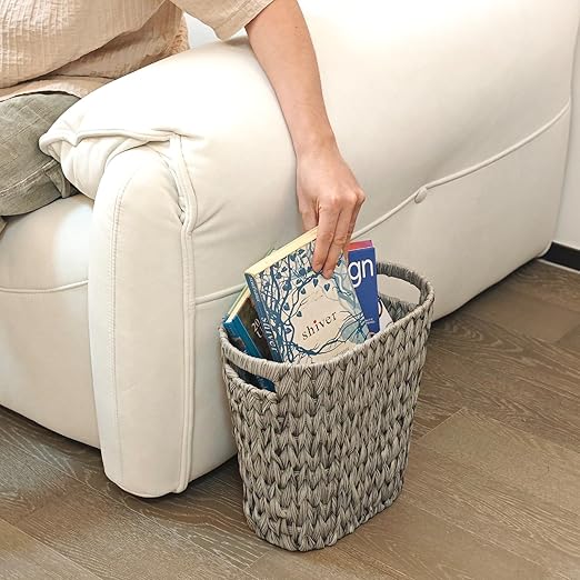 PINXIURY Wicker Trash CanWatse Basket Woven Bathroom Trash Can with Handles Waste Paper Basket Trash Cans for BedroomDecorative Boho Trash Can 19 Liters/5 Gallons
