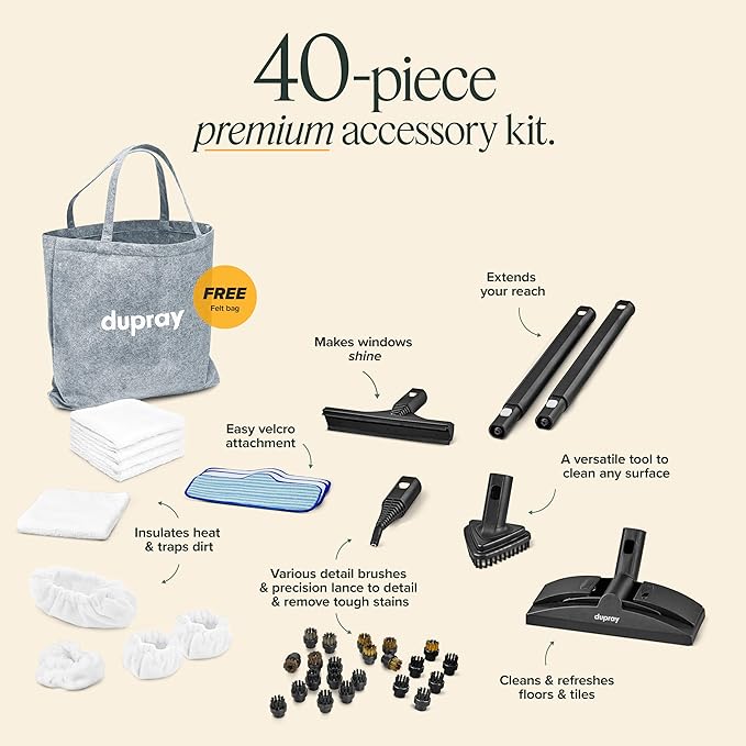 Dupray Neat Steam Cleaner Multipurpose Steamer for Floors Grout &amp Upholstery Chemical-Free Cleaning Long Run Time 40-Piece Accessory Kit *Kills 99.9% of Bacteria &amp Viruses