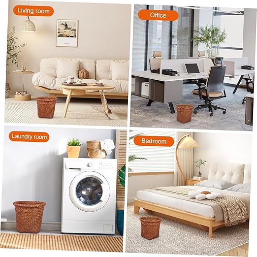 1pc Straw Woven Wastebasket Natural Design Office Trash Container Home Trash Can