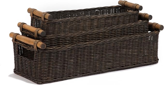 The Basket Lady Long Narrow Pole Handle Wicker Basket Small 17 in L x 5 in W x 5.25 in H Antique Walnut Brown