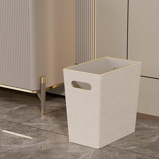 Beige White Trash Can Waste basket3/4 Gallon Office Pu Leather Wastebasket with Gold-Tone Edging Decoration for Bathroom Garbage Cans for Toilet Bedroom Living Room Office home modern decor
