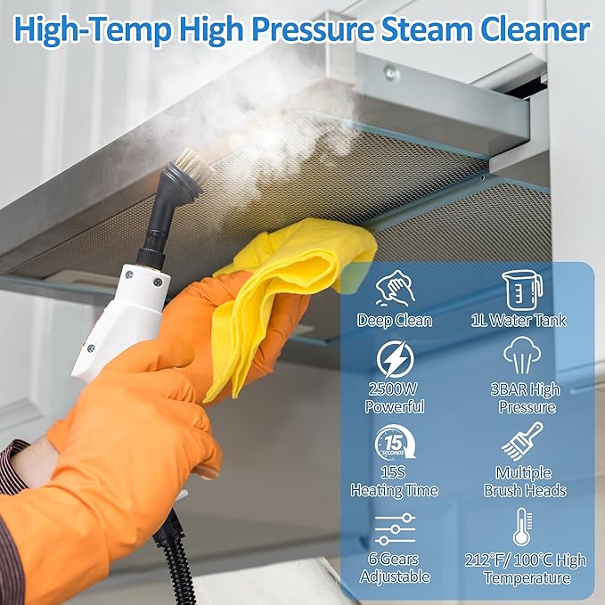Spurgehom Handheld Steam Cleaner 15s Heat-Up 1L Tank Portable Steam Cleaner 2500W High Temperature Multipurpose Steamer for Cleaning 6 Gears Adjustable Handheld Steamer for Home White